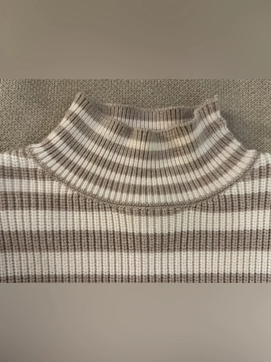 Striped Knit Cowl Neck Sweater in Cream and Taupe - Picture 5 of 8